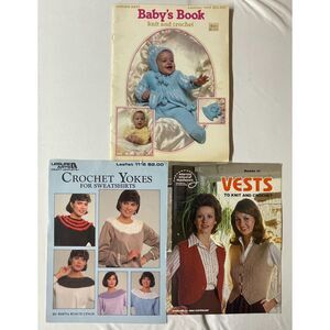 VTG Leisure Arts Knit Crochet Pattern Book Lot Baby Book Vests Yokes 1979-1987